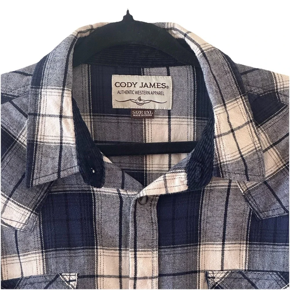 Cody James Blue Ivory Plaid Flannel Western Shirt Pearl Snap Flip Cuff Mens 2XL
